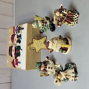 Vintage  Folkart Christmas Ornaments in Decorated Box Angels Santa Snowmen
